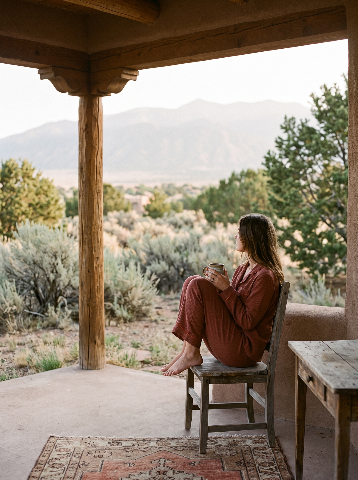 The Adobe Set in Terracotta on a desert porch at sunrise