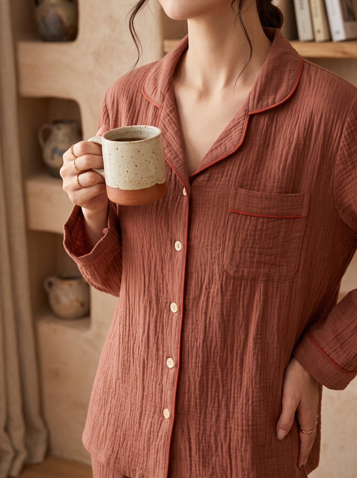 Detail of the piped collar and chest pocket on The Adobe Set