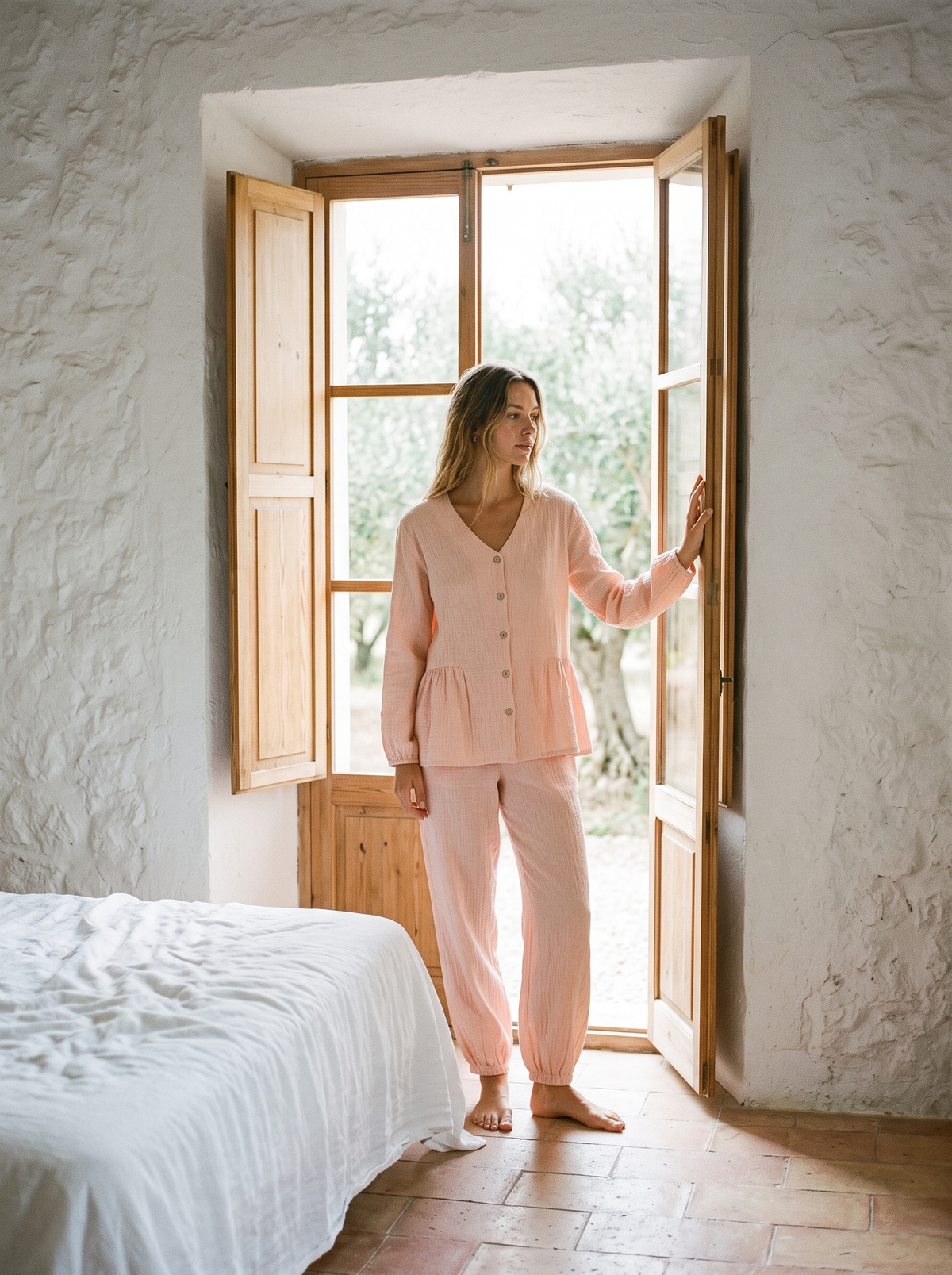 The Finca Set in Peach, worn by open shutters in a whitewashed finca