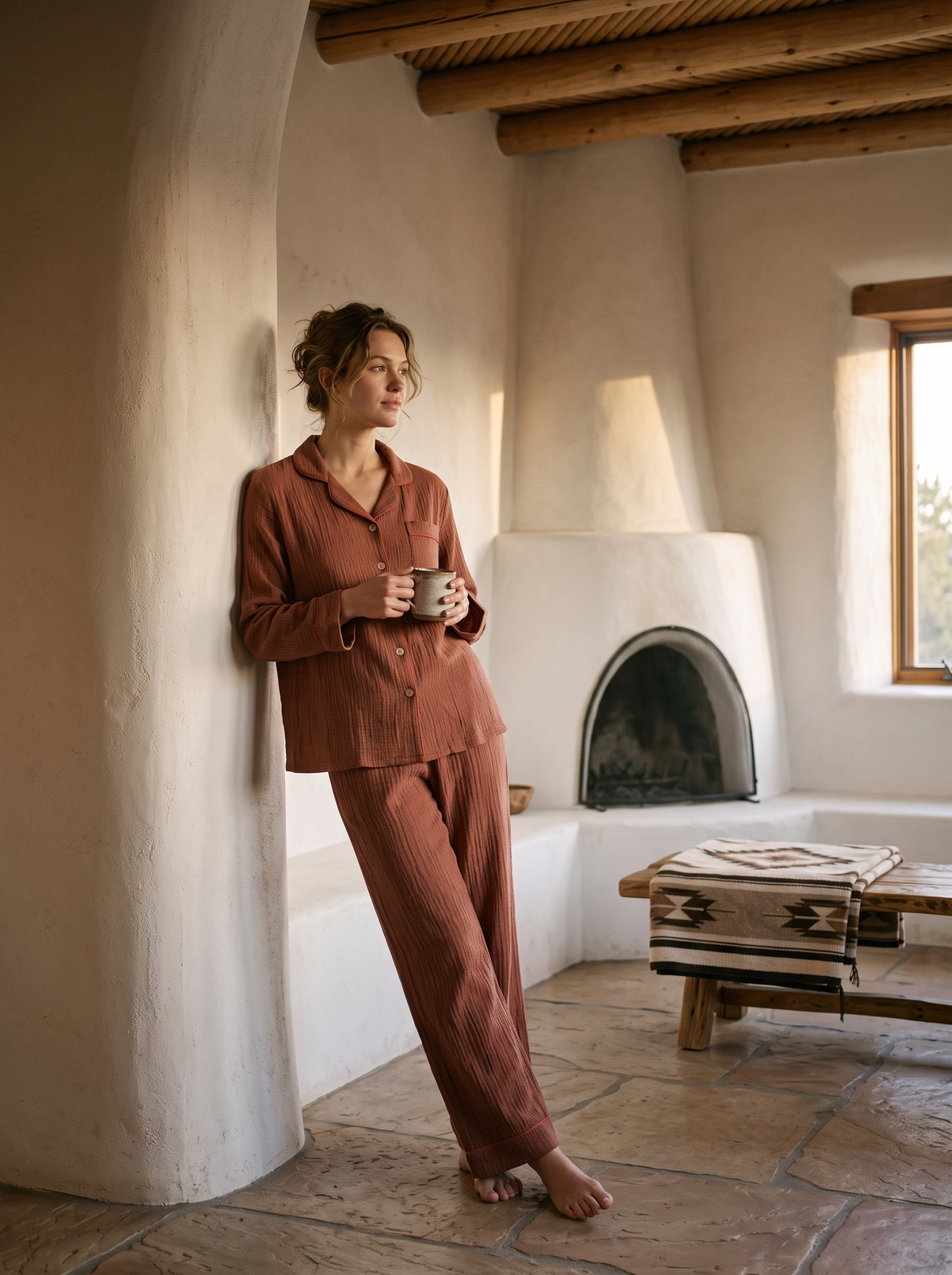 The Adobe Set in Terracotta, worn in a Santa Fe adobe bedroom