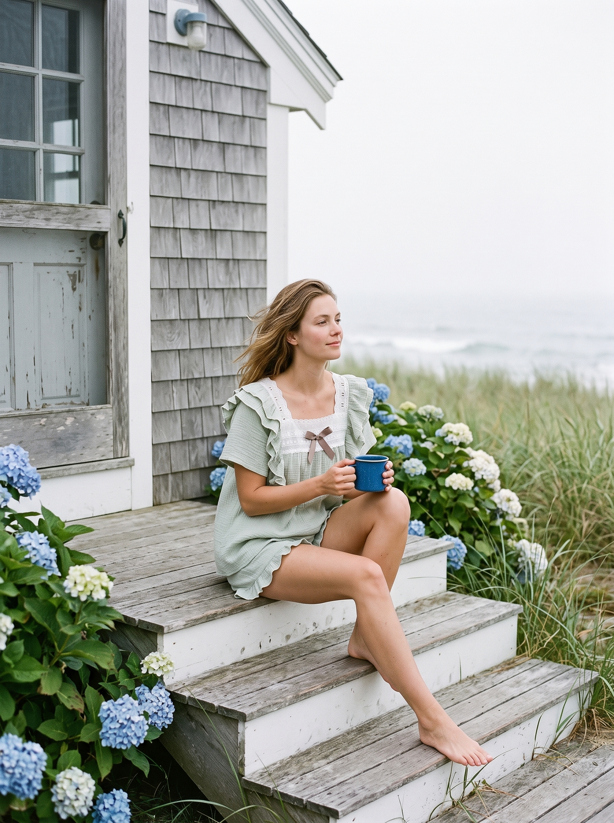 The Cottage Set in Sea Glass on the steps of a shingled beach cottage