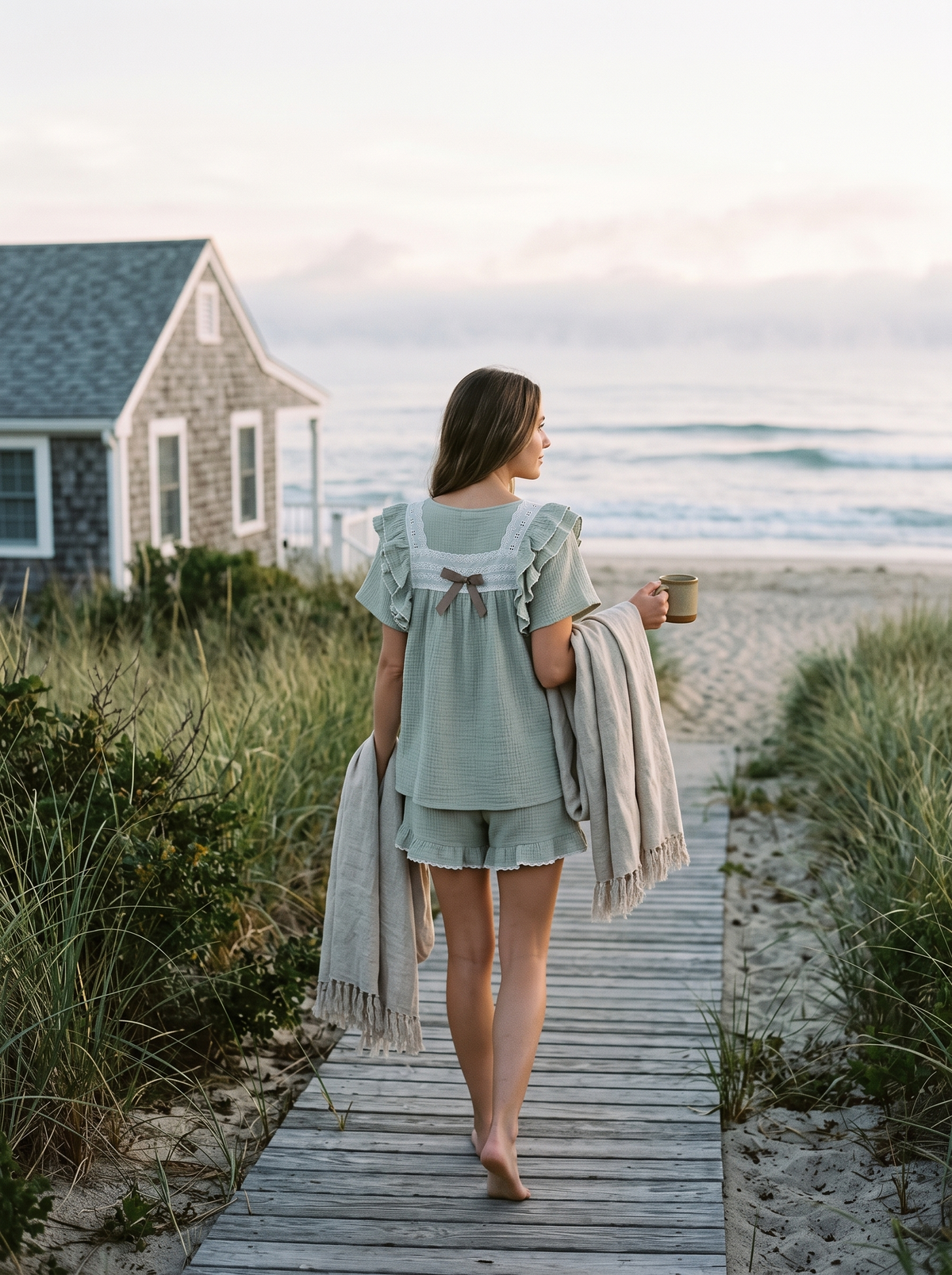 The Cottage Set in Sea Glass on a boardwalk to the beach