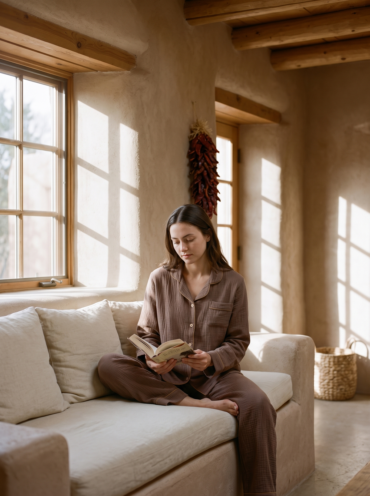 The Adobe Set in Cocoa, worn reading on a plaster banco