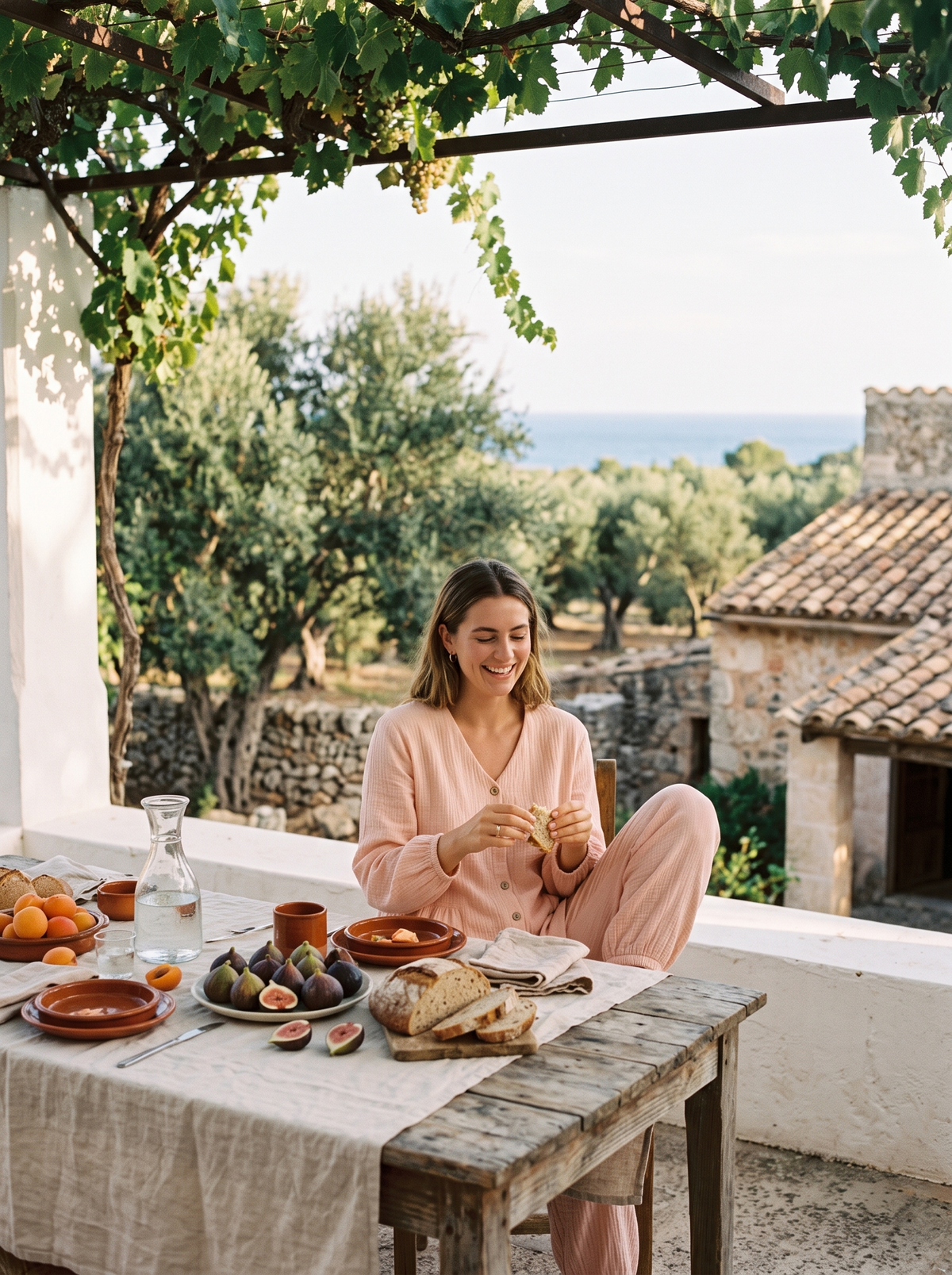 The Finca Set in Peach at breakfast on a Mediterranean terrace